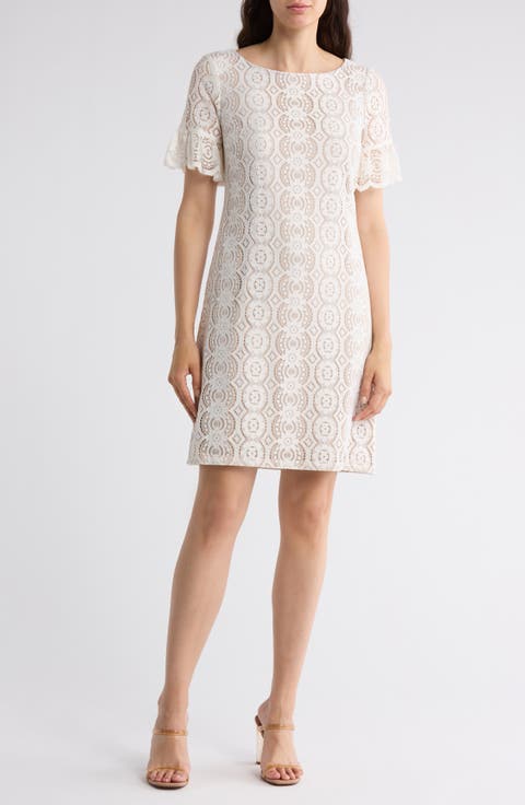Lace Ruffle Short Sleeve Shift Dress