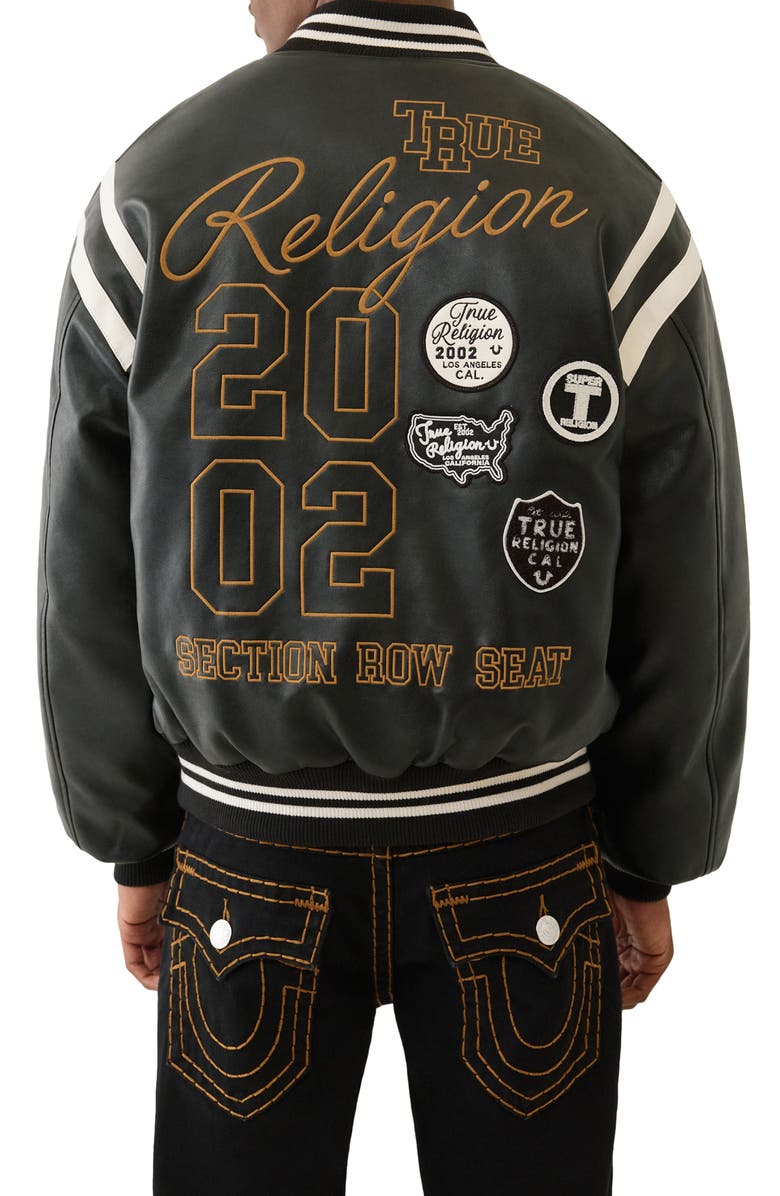 True Religion Faux Leather Varsity Jacket, Alternate, color, Jet Black