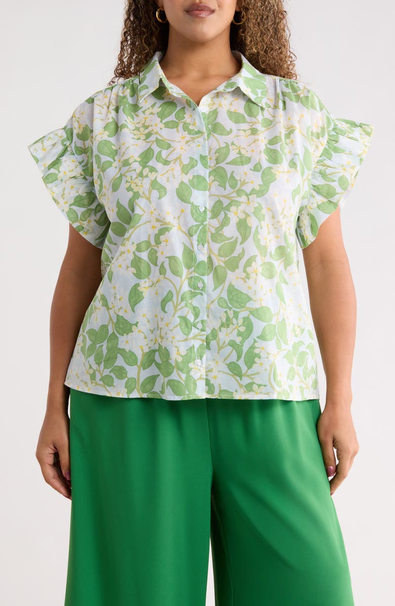 SUGARLIPS Kiany Floral Ina Short Sleeve Button-Up Shirt, Main, color, Light Blue Green