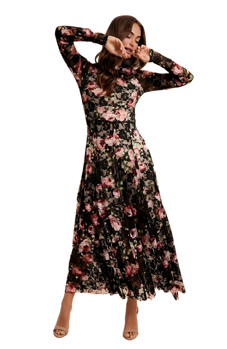 Knit and Lounge Long Sleeve Floral Lace Maxi Dress With Sheer Illusion Details, Alternate, color,