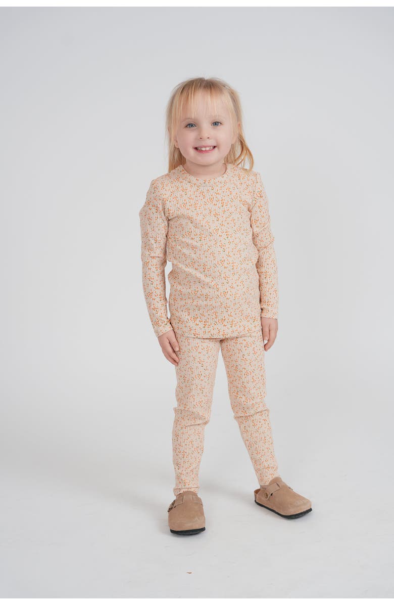 LUX Regular Floral Cotton Rib Long Sleeve Top and Elastic Waist Pants Set, Alternate, color, Orange