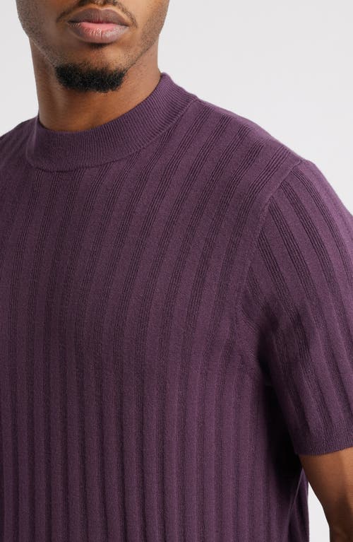 Open Edit Ribbed Short Sleeve Mock Neck Sweater In Purple Plum