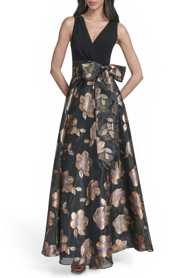 Tie Waist Gown, Main, color, BLK GOLD