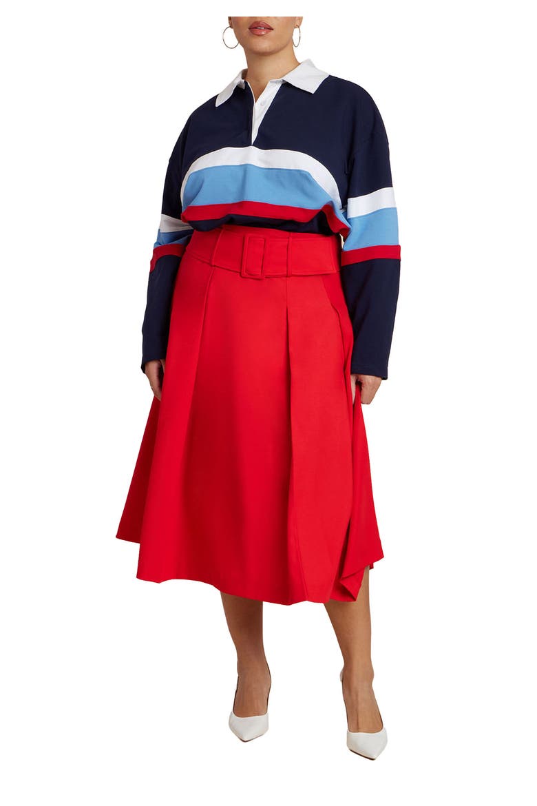 Pleated Belted Midi Skirt, Main, color, RED