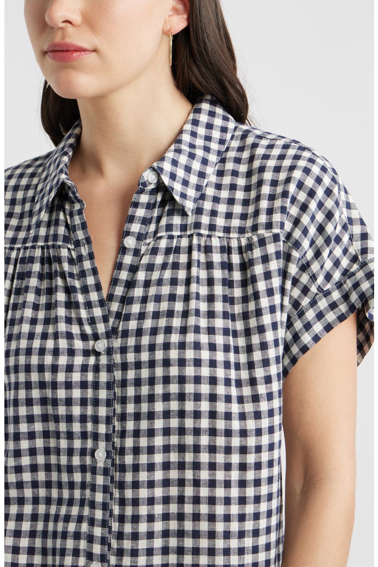 Short Sleeve Linen Blend Button-Up Shirt, Alternate, color, NAVY STILL- IVORY BEA GINGHAM