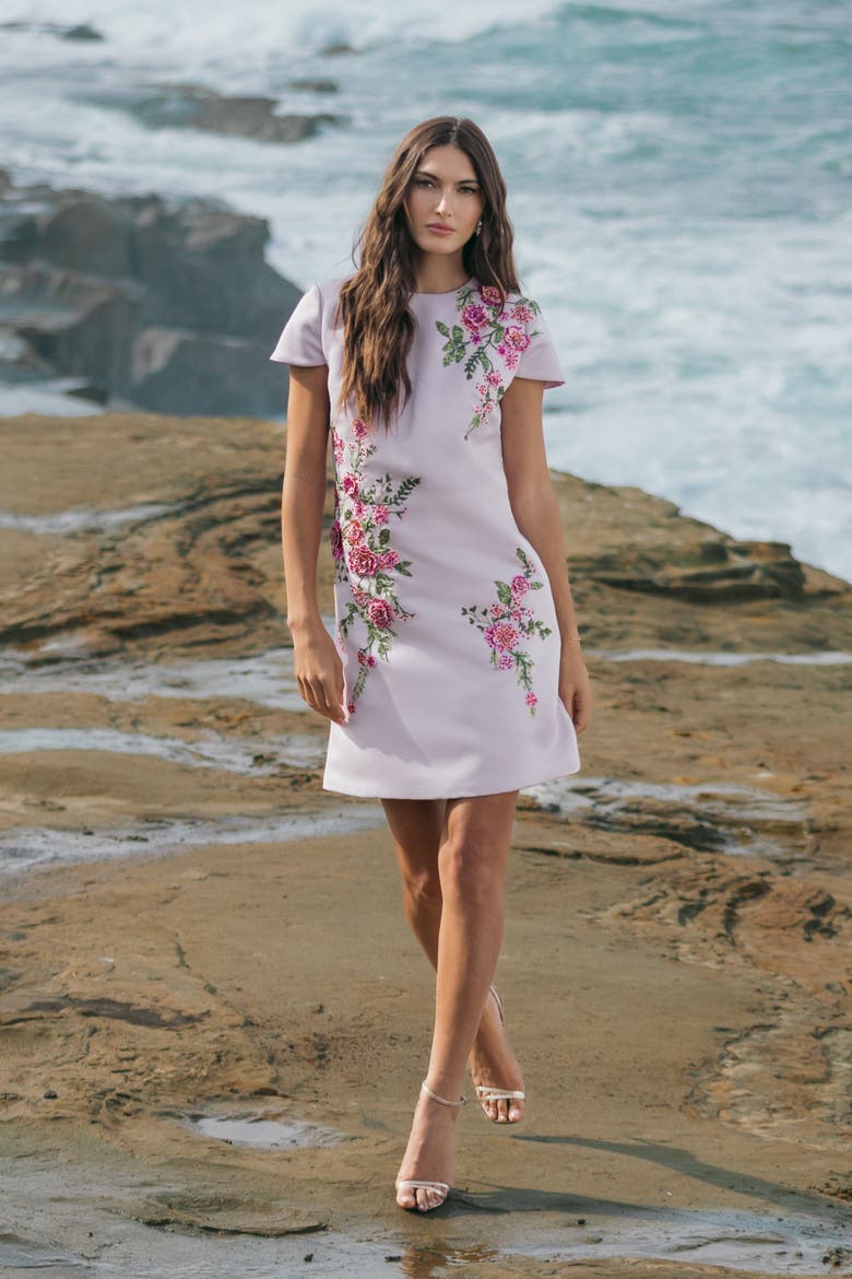 Women's Cap Sleeve Embroidered Satin Mini Dress, Alternate, color, Lilac