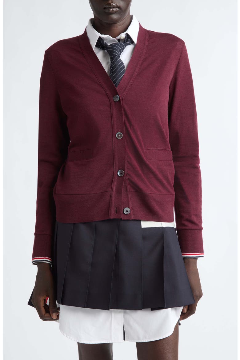 Tipped Stretch Wool Cardigan, Main, color, BURGUNDY