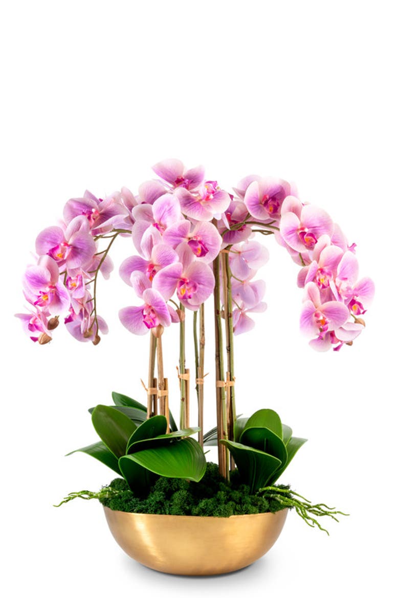 Abigail RealTouch White Orchid in Gold Bowl, Main, color, Periwinkle