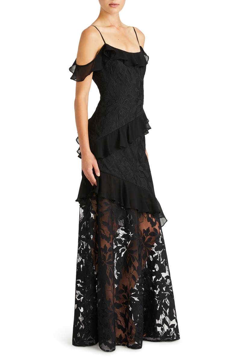 ML Monique Lhuillier Sienna Ruffle Cold Shoulder Lace Gown, Alternate, color,