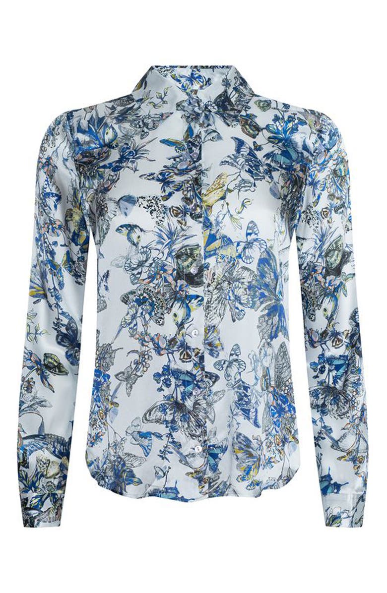 L'AGENCE Tyler Butterfly Print Silk Button-Up Shirt, Alternate, color, Multi Blue