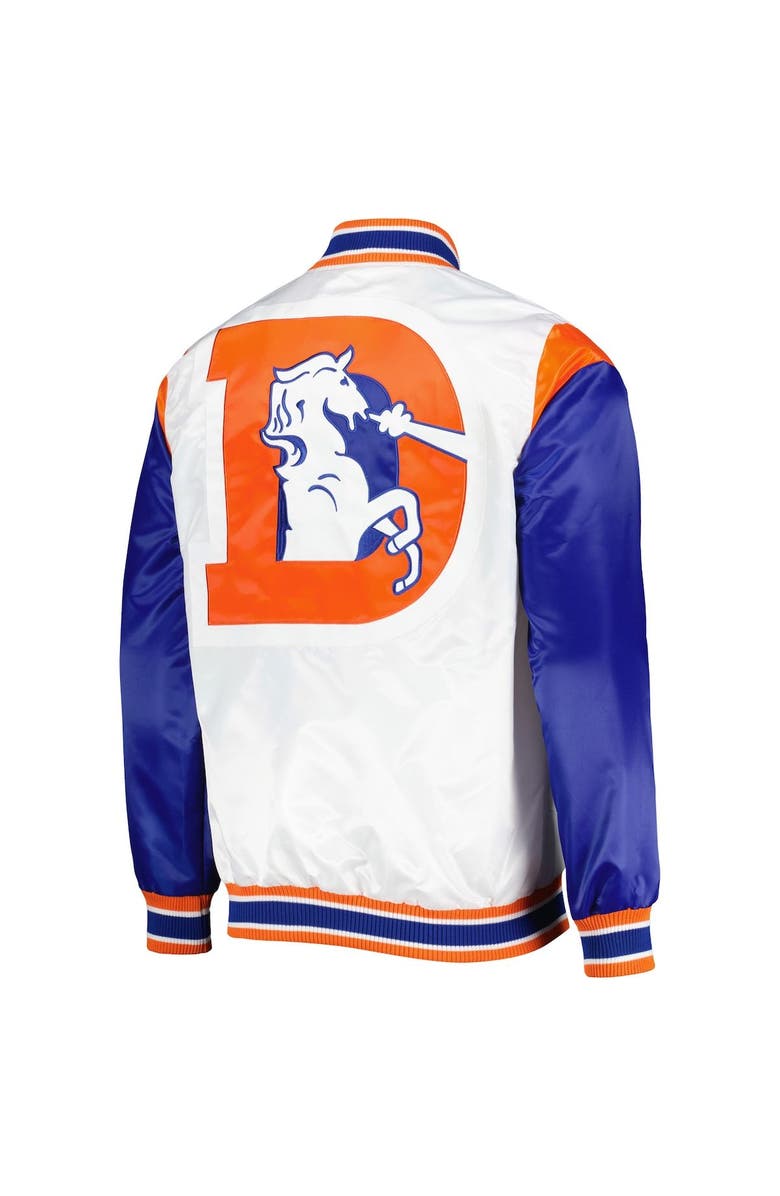STARTER Men's Starter White Denver Broncos Throwback Warm Up Pitch Satin Full-Snap Varsity Jacket, Alternate, color,