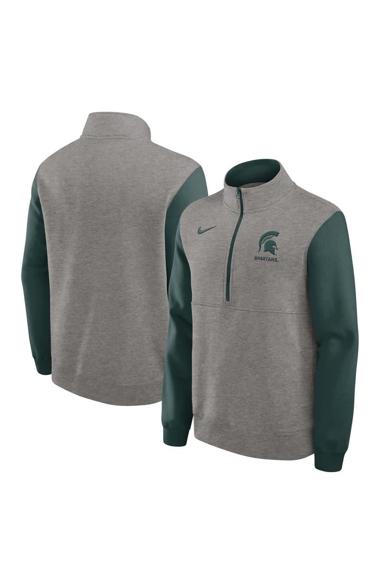 Nike Men's Nike Heather Gray/Green Michigan State Spartans Club Fleece Half-Zip Pullover, Main, color, Heather Gray