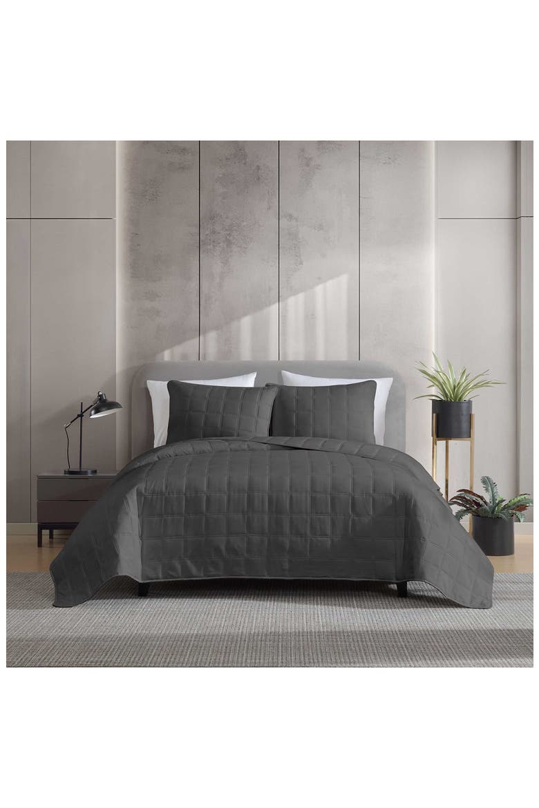 Stonewashed Solid Microfiber Quilt & Sham Set, Alternate, color, DARK GREY