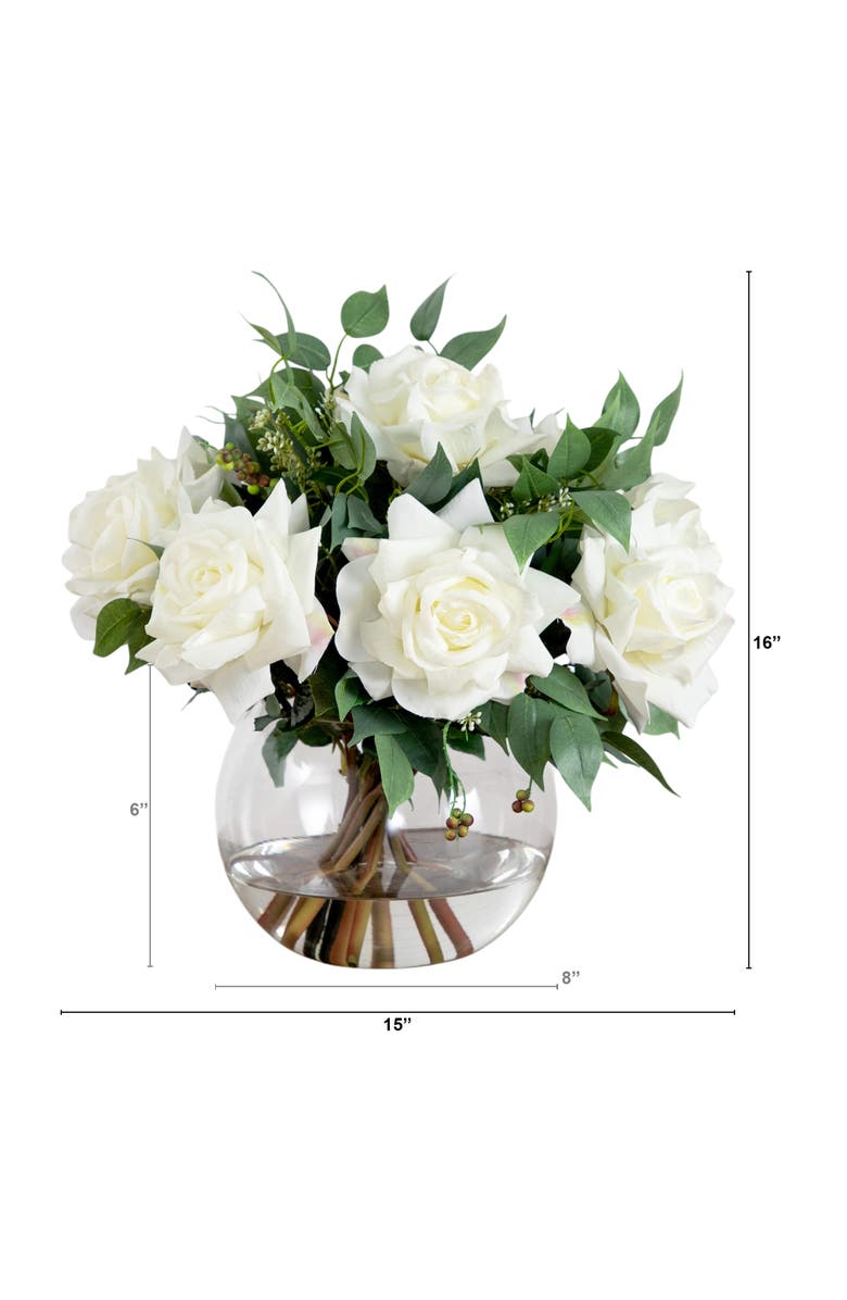 NEARLY NATURAL Wedding Collection 16-in Artificial Roses and Mixed Greens Arrangement in Glass Vase, Alternate, color, Green/White