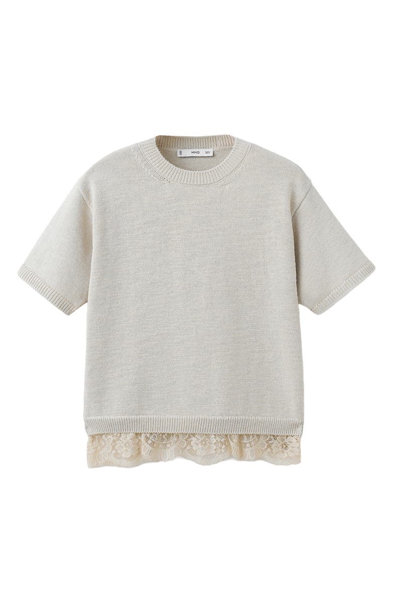 MANGO Lace Trim Short Sleeve Sweater, Alternate, color, Light/ Pastel Grey