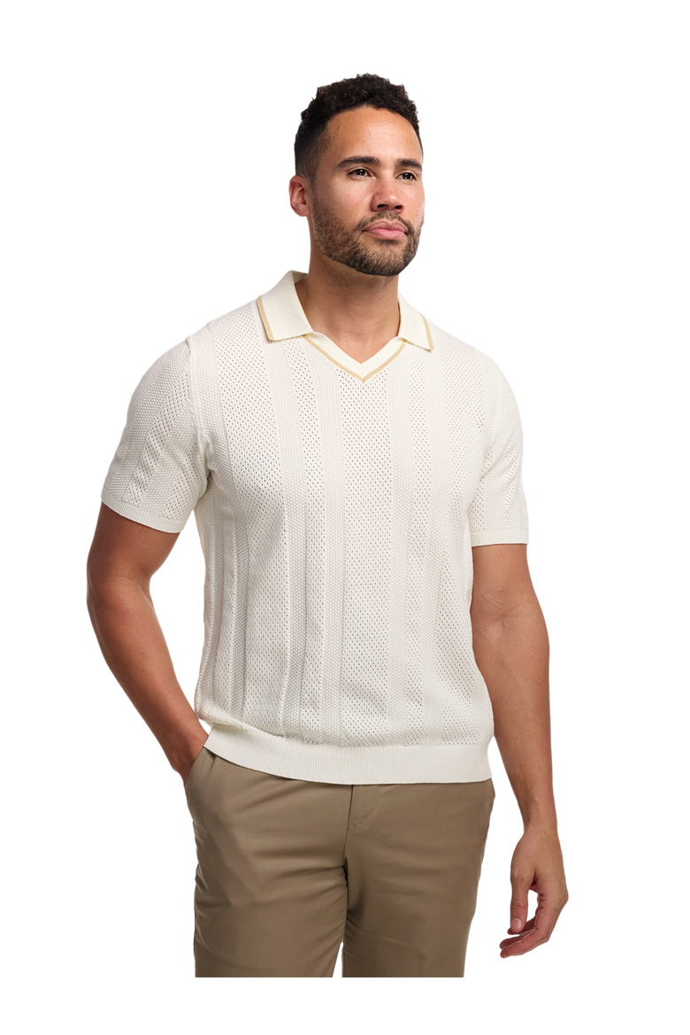 Cotton Crochet V-neck Polo, Alternate, color, White