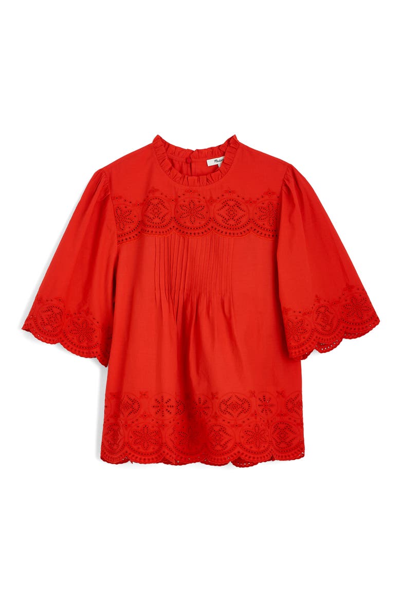 Embroidered Pintuck High Neck Cotton Voile Top, Alternate, color, WILD POPPY