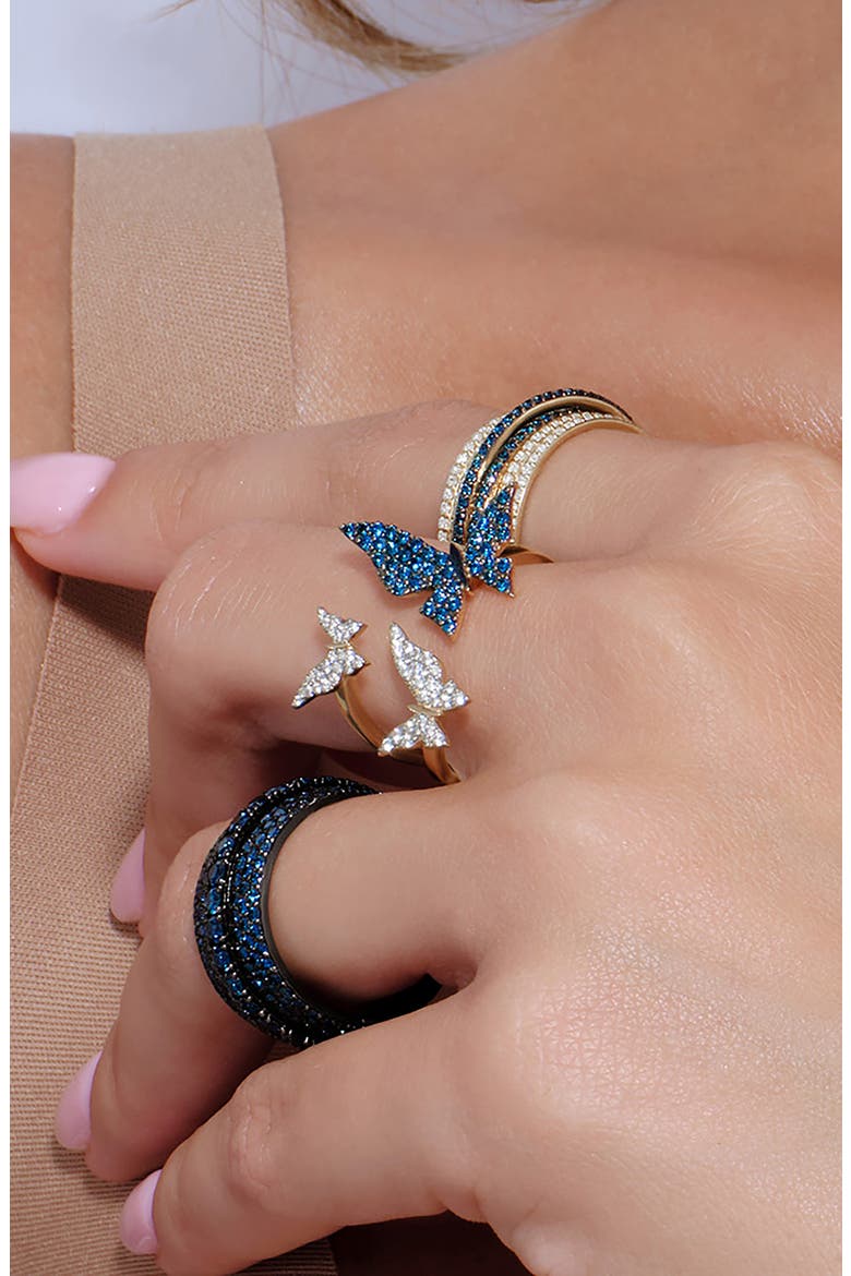 14K Gold White & Blue Diamond Butterfly Ring, Alternate, color, YELLOW GOLD