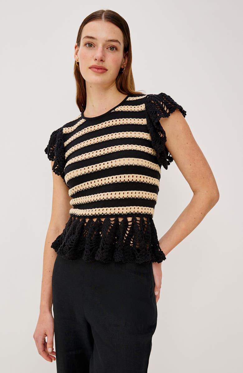 Rails Coen Ruffle Sleeve Peplum Sweater, Alternate, color, Black Oat Stripe