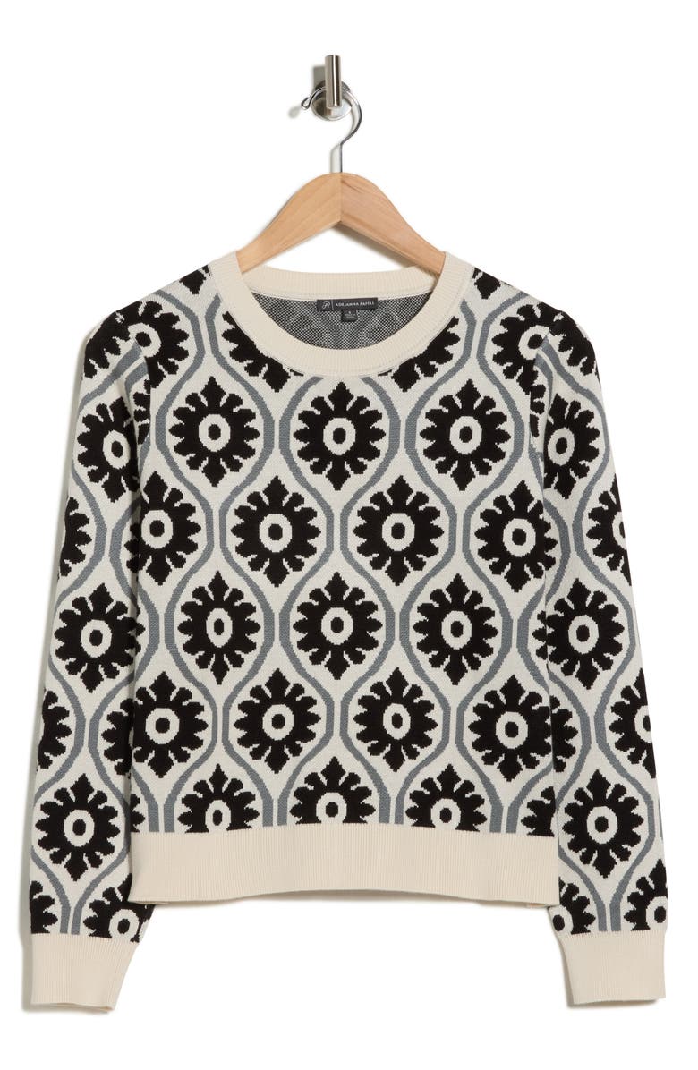 Adrianna Papell Floral Jacquard Sweater, Alternate, color, Cream/ Sea Green/ Black