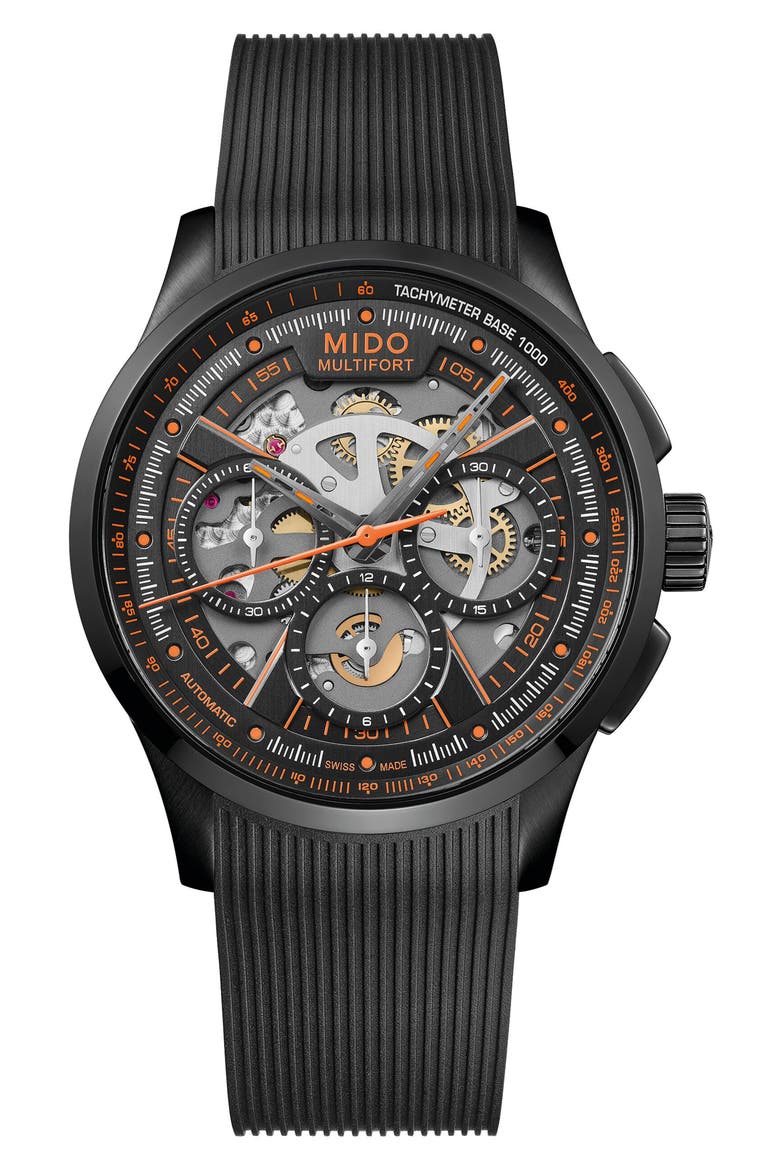 Multifort Skeleton Black Chronograph Automatic Rubber Strap Watch, 43mm, Main, color, BLACK