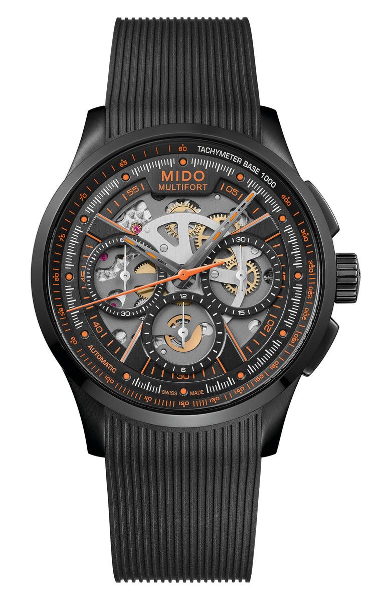 MIDO Multifort Skeleton Black Chronograph Automatic Rubber Strap Watch, 43mm, Main, color, 