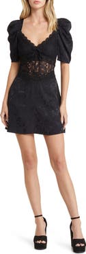 For Love & Lemons Danielle Open Back Lace & Damask Minidress