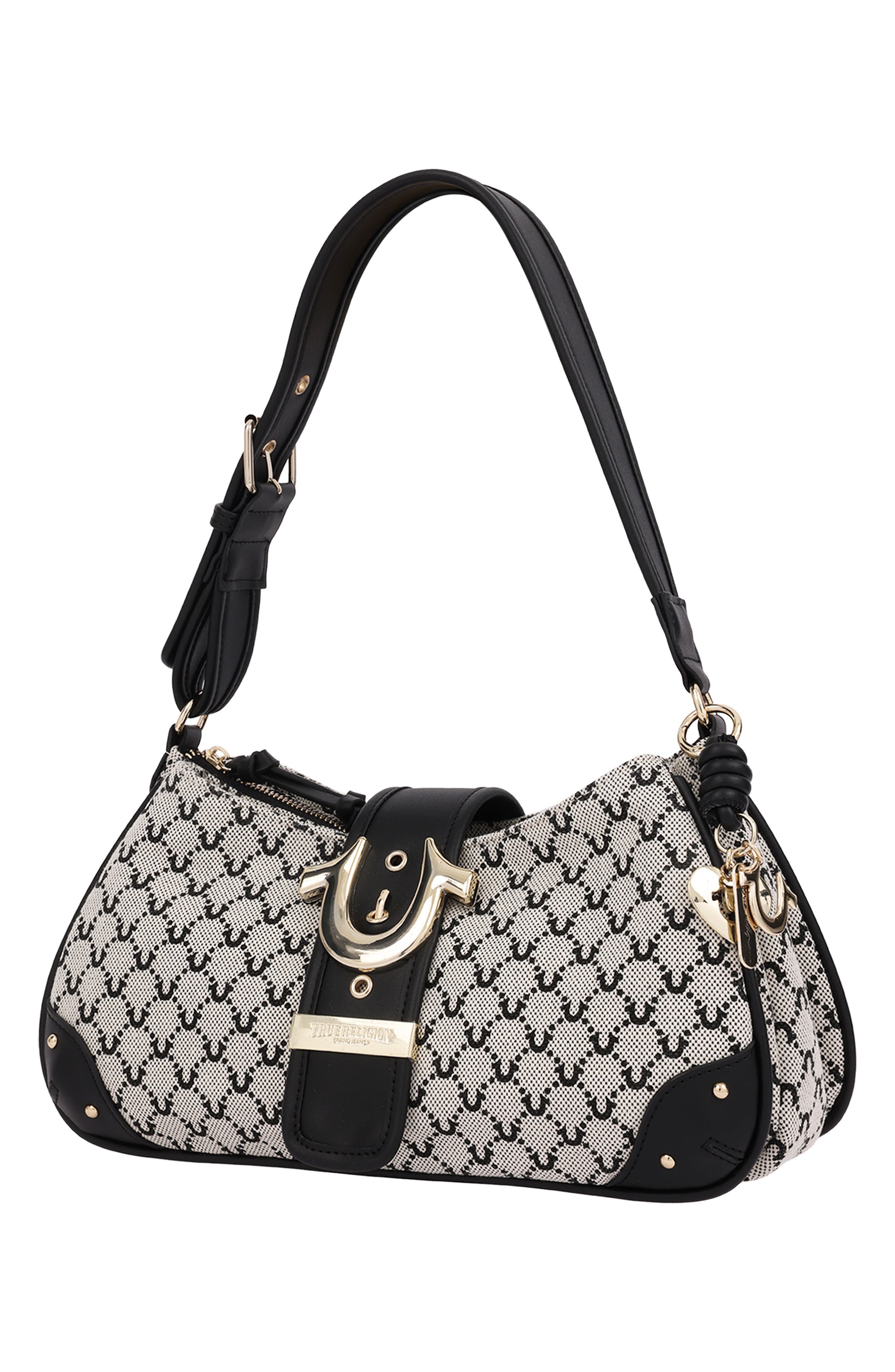Signature Horseshoe Large Zip Shoulder Bag, Alternate, color, BLACK