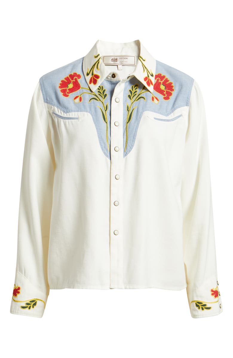 THE GREAT. & Stetson The Embroidered Western Shirt, Alternate, color, Cream W Chambray Mix