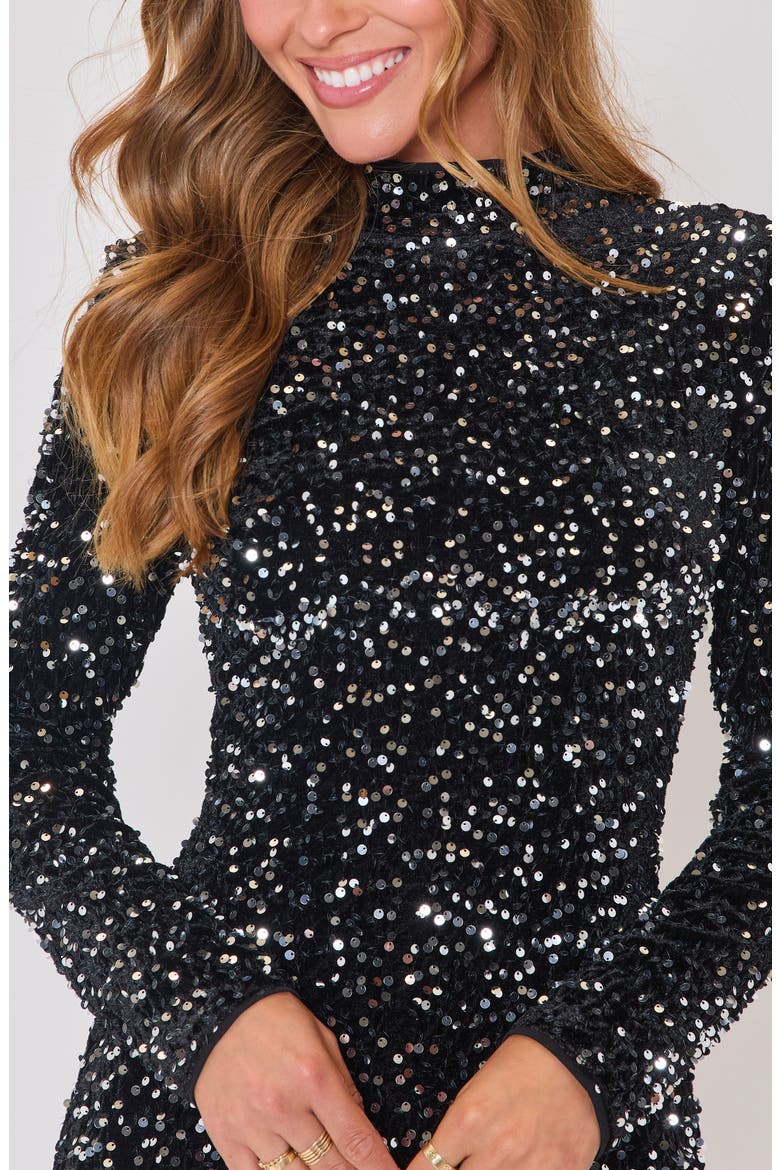 Cheers Sequin Long Sleeve Minidress, Alternate, color, BLACK