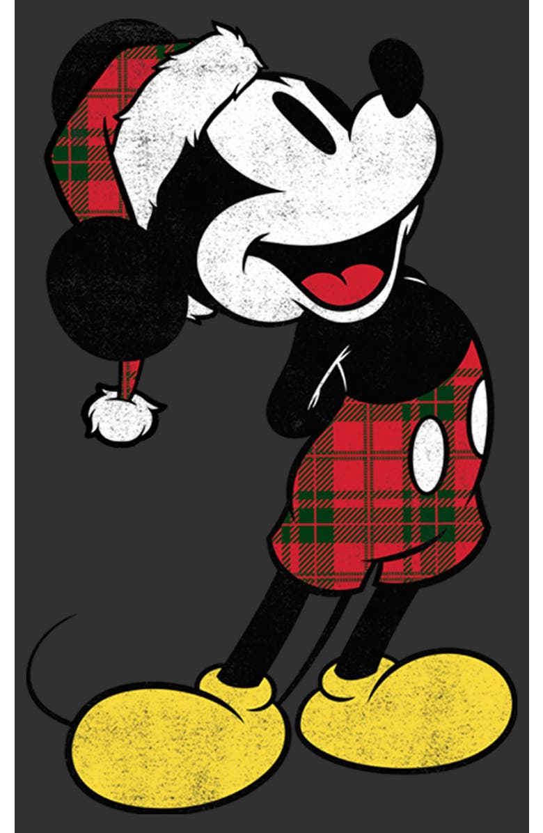 Mickey & Friends Men's Mickey & Friends Christmas Plaid Distressed Portrait  Graphic T-Shirt, Alternate, color, Charcoal Heather