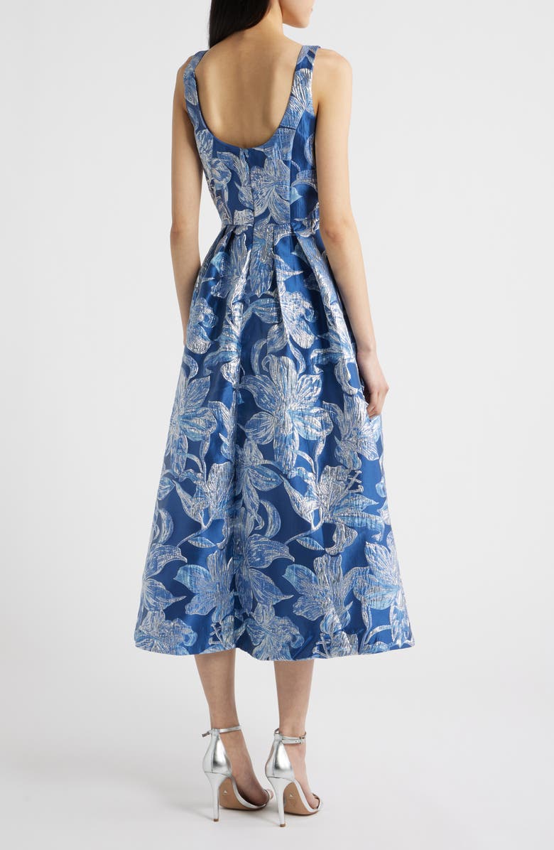 Tahari ASL Floral Brocade Midi Cocktail Dress, Alternate, color, Riverside Blue