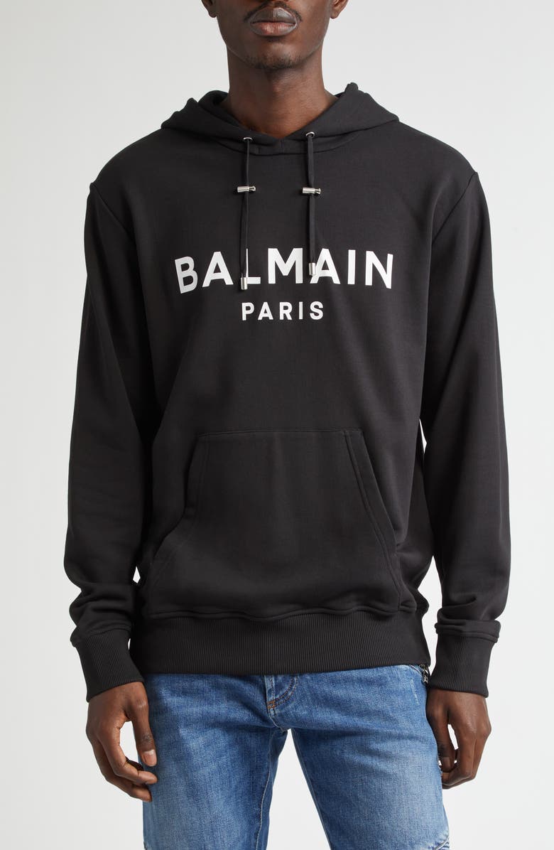 Balmain Logo Organic Cotton Graphic Hoodie, Main, color, Black/ White