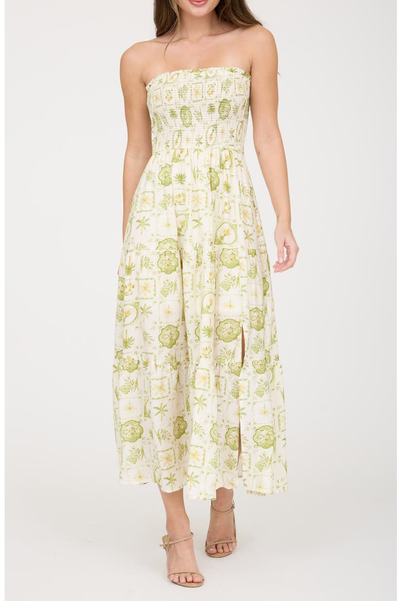 Tropical Print Strapless Midi Sundress, Main, color, LIGHT OLIVE