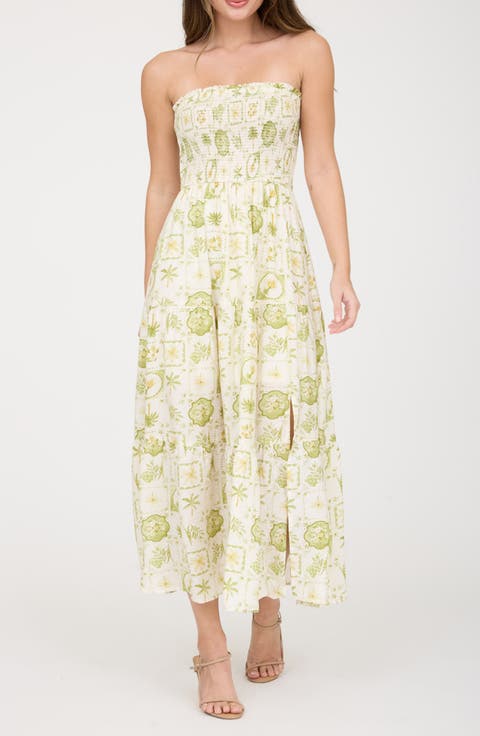 Tropical Print Strapless Midi Sundress