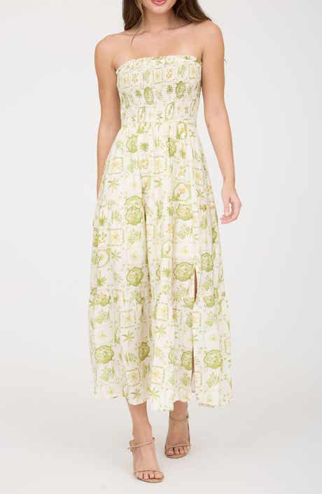 Blu Pepper Tropical Print Strapless Midi Sundress