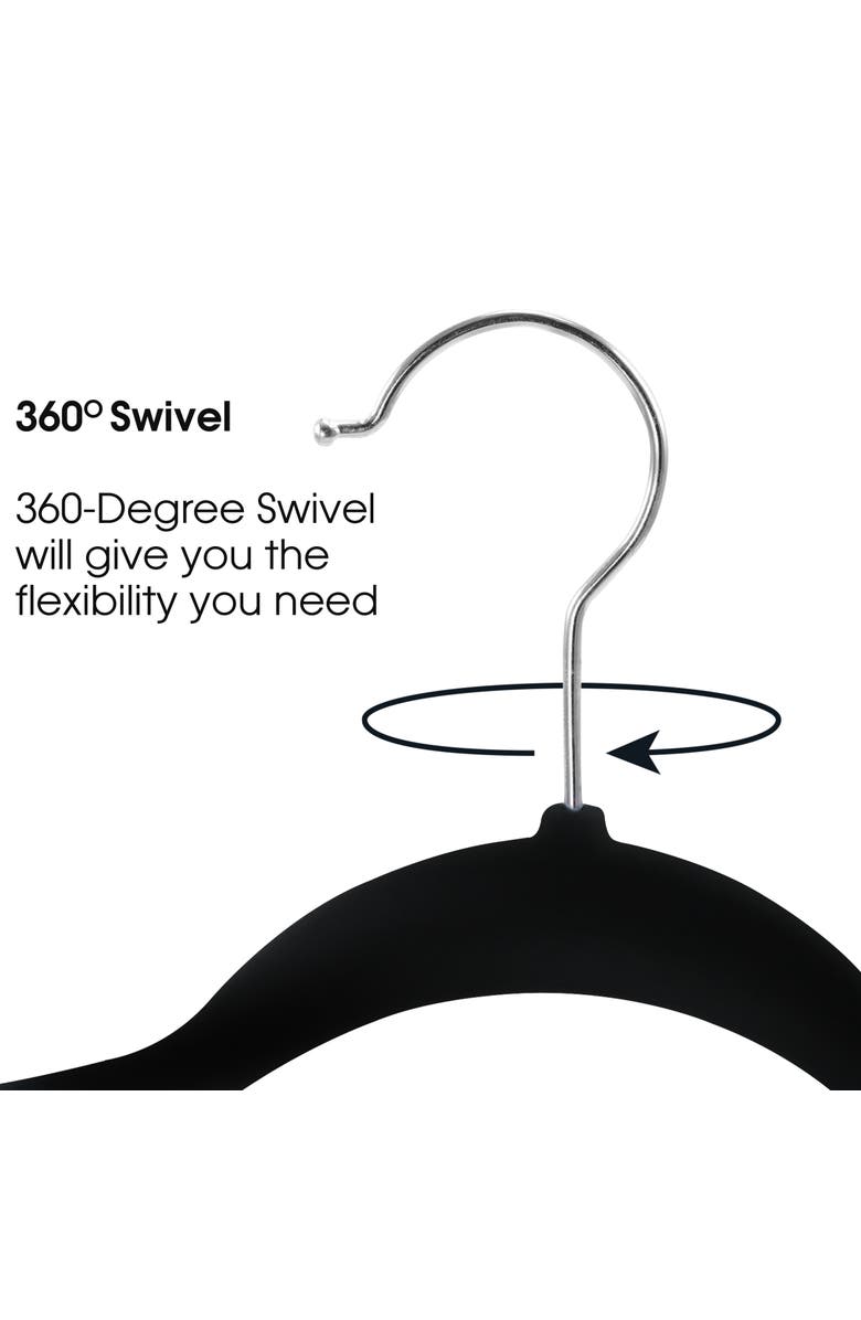 Elama 100 Piece Set of Velvet Slim Profile Heavy Duty Felt Hangers with Stainless Steel Swivel Hooks, Alternate, color, Black