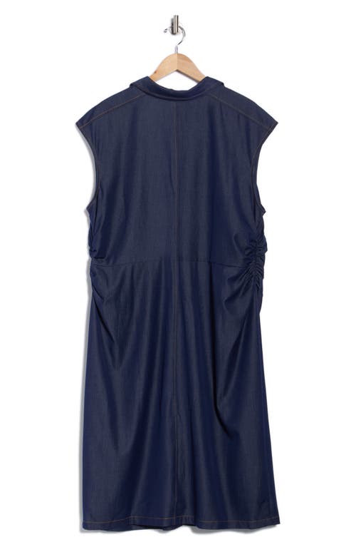 London Times Side Ruched Stretch Denim Midi Dress In Purple