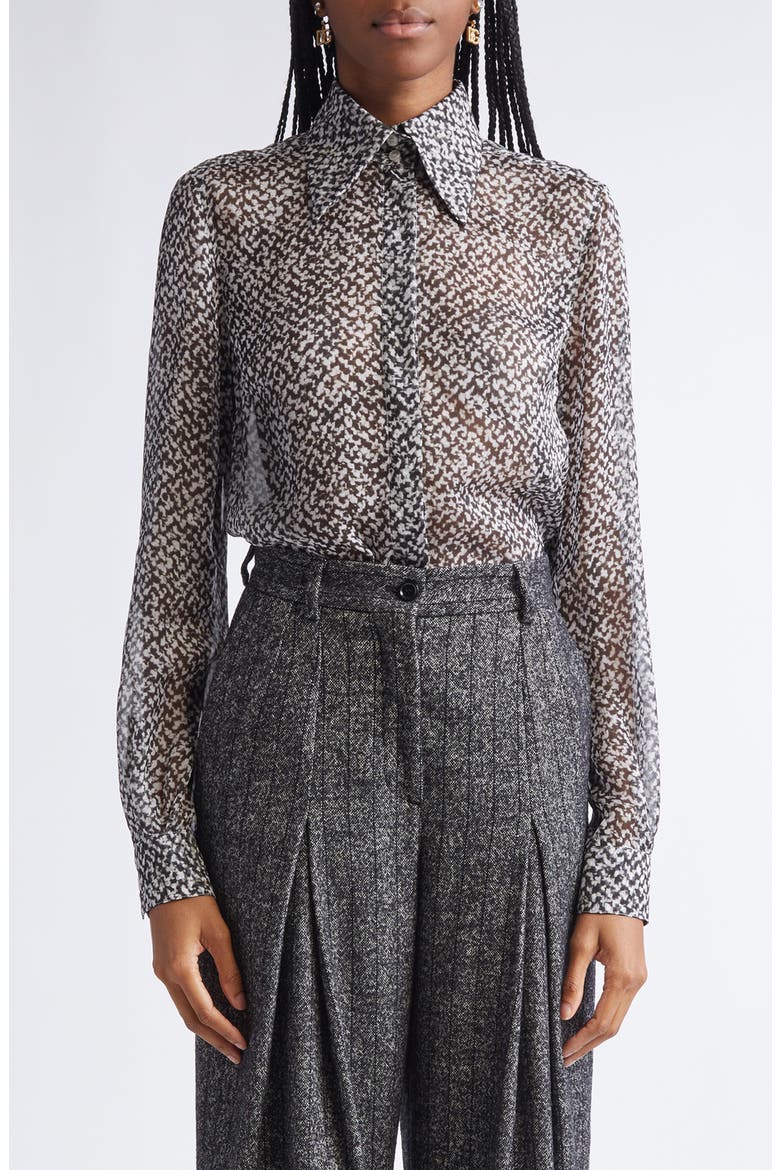Bouclé Print Silk Chiffon Button-Up Shirt, Main, color, HH5QR BOUCLE BCO/ NERO