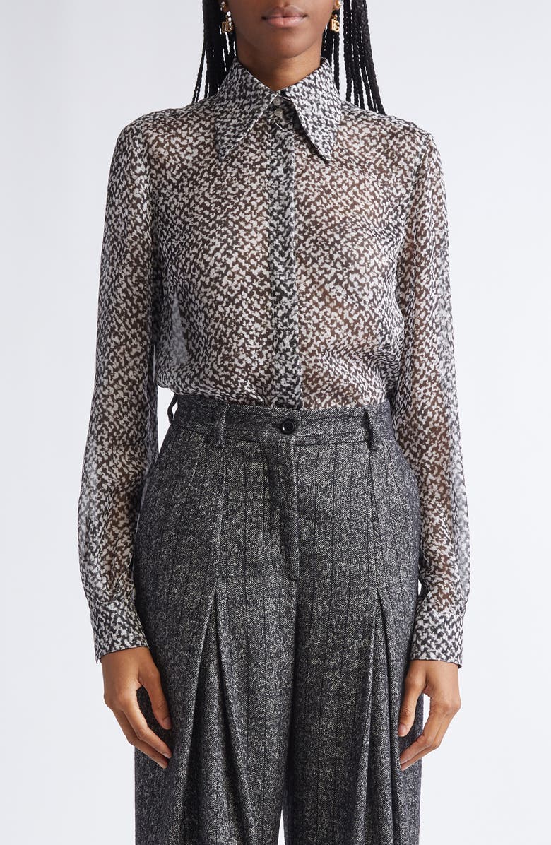 Dolce&Gabbana Bouclé Print Silk Chiffon Button-Up Shirt, Main, color, Hh5qr Boucle Bco/ Nero