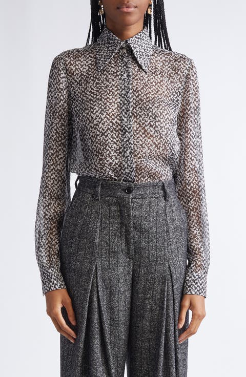 Bouclé Print Silk Chiffon Button-Up Shirt