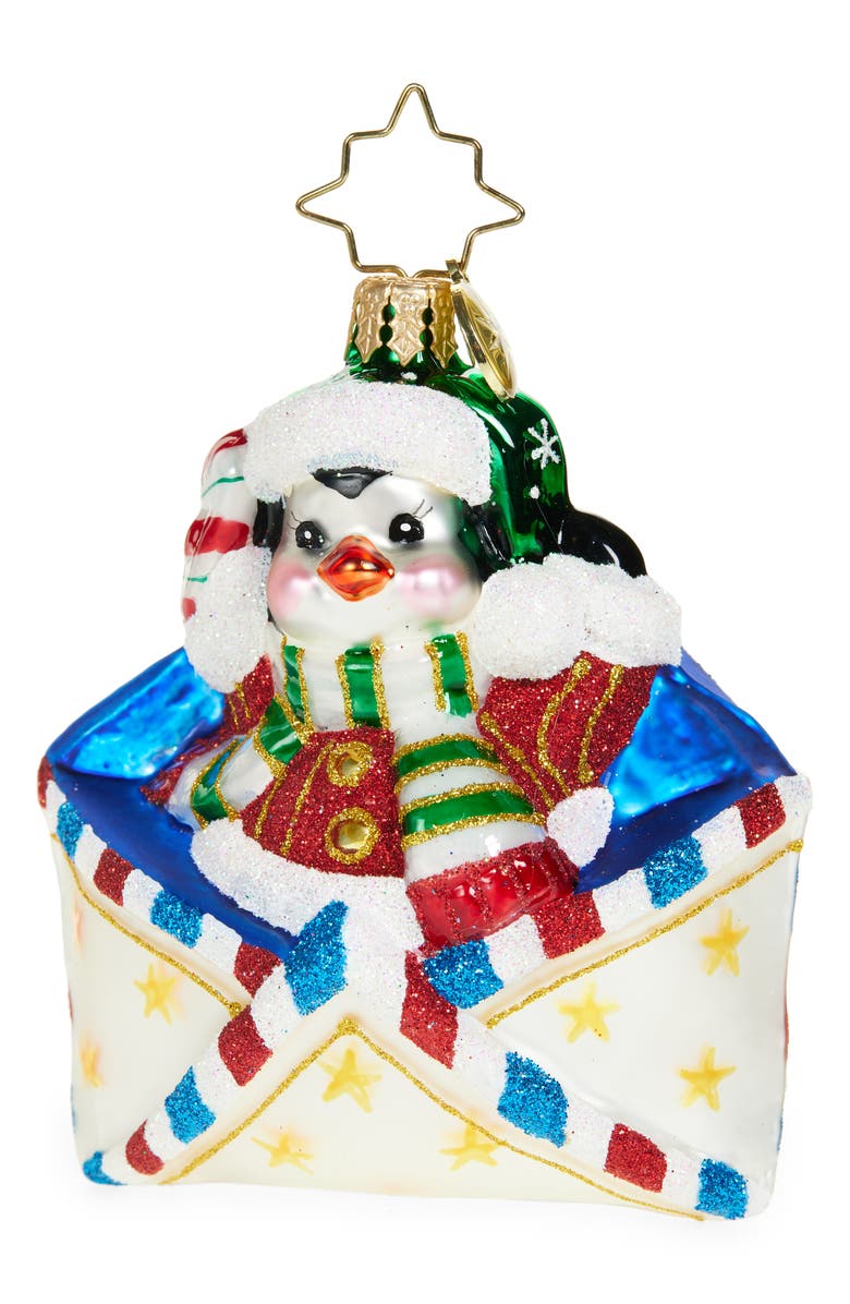 Christopher Radko Penguin Delivery Glass Ornament, Main, color, Blue/ Red/ White