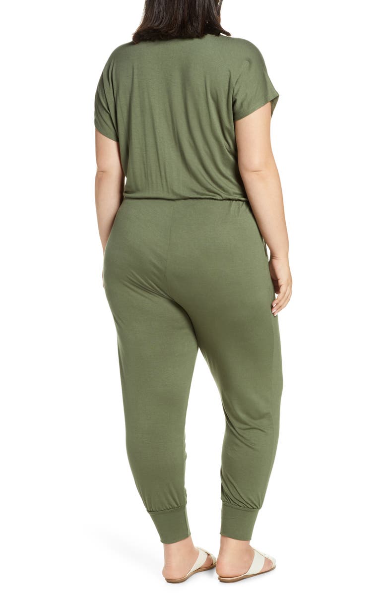 Loveappella Short Sleeve Wrap Top Jumpsuit, Alternate, color, Olive