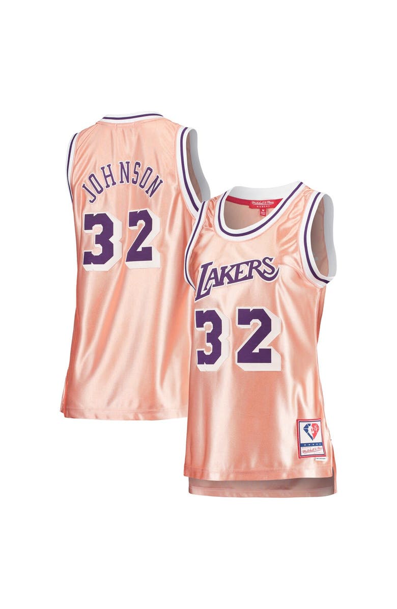 Mitchell & Ness Women's Mitchell & Ness Magic Johnson Pink Los Angeles Lakers 75th Anniversary Rose Gold 1984 Swingman Jersey, Main, color, 