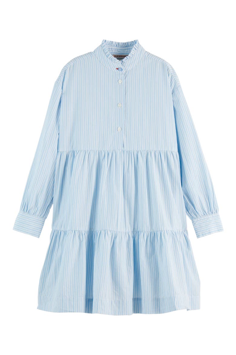 Kids' Stripe Long Sleeve Tiered Cotton Shirtdress, Main, color, SKY BLUE / WHITE STRIPE