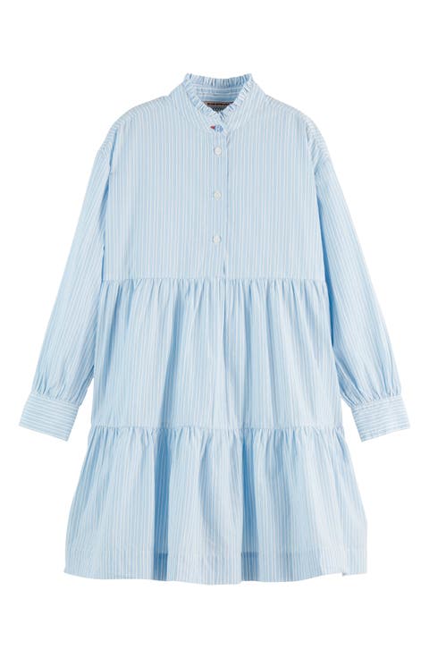 Kids' Stripe Long Sleeve Tiered Cotton Shirtdress (Big Kid)