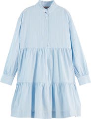 Scotch & Soda Kids' Stripe Long Sleeve Tiered Cotton Shirtdress