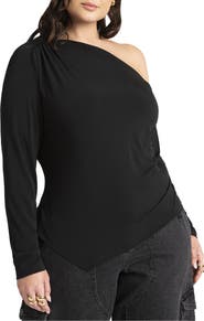 ELOQUII Ruched One Shoulder Tee With Thumbhole Sleeve