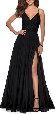 La Femme Chiffon Prom Dress with Sheer Floral Lace Bodice