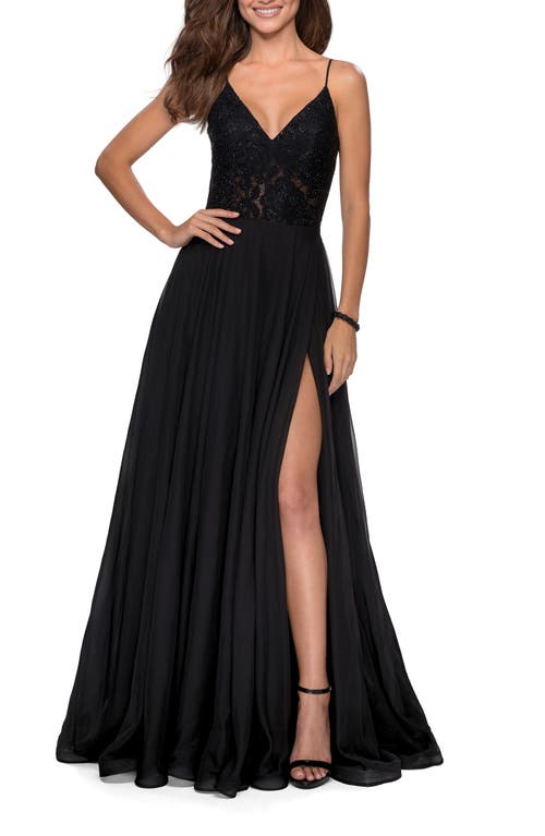 La Femme Chiffon Prom Dress With Sheer Floral Lace Bodice